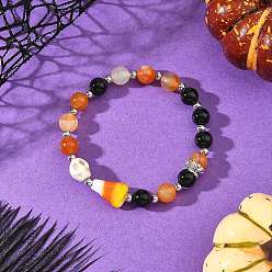 Orange Halloween Handmade Lampwork Candy Corn & Round Natural Carnelian & Dyed Synthetic Turquoise Skull Beaded Stretch Bracelets, Platinum, Orange, Inner Diameter: 2.09 inch(5.3cm)
