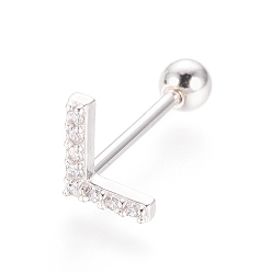 Letter L Boucles d'oreilles en argent sterling plaqué rhodium, micro pavé, zircone cubique transparente, haltère, cartilage, letter.l, 925mm, pin: 6x5x1 mm