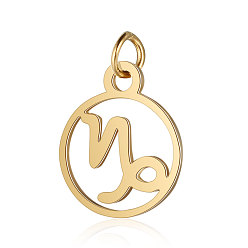 Capricorn 201 Stainless Steel Charms, with Jump Rings, Polished, Flat Round with Constellation, Golden, Capricorn, 13x11x1mm, Hole: 2.5mm