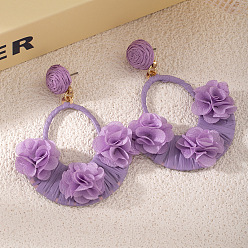 Medium Orchid Raffia & Cloth Flower Dangle Earrings, Alloy Stud Earrings for Women, Golden, Medium Orchid, 70x50mm