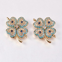 Golden Brass Micro Pave Cubic Zirconia Links, Clover, Nickel Free & Lead Free & Cadmium Free, Golden, 19x20.5x3mm, Hole: 1mm