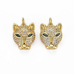 Real 18K Gold Plated Brass Micro Pave Clear Cubic Zirconia Pendants, Nickel Free, Leopard Head Shape, Real 18K Gold Plated, 18x14x7.5mm, Hole: 3mm, Jump Ring: 5x1mm, 3mm inner diameter