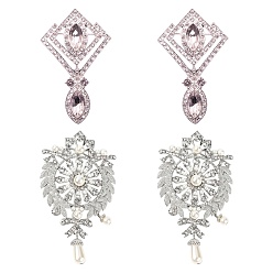 Platine & Argent 4pcs 2 broche en alliage de strass de style, losange avec oeil de cheval et fleur avec perles en plastique imitation perle, cristal, Platine et argent, 74.5x47x13mm, 90x52x16mm, pin: 1 mm, 2 pcs / style