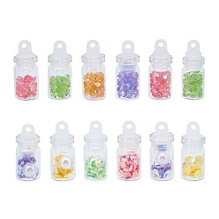 Mixed Color Transparent Glass Pendant, with Glitter Sequins and Rhinestone inside, Bottle, Mixed Color, 24.6~25x10~10.3mm, Hole: 2mm, 2 shapes, 4 colors/shape, 4pcs/color, 32pcs/box