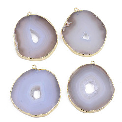 Natural Agate Flat Round Natural Crystal Agate/Ice Quartz Agate Big Pendant, Druzy Trimmed Stone, with Edge Golden Plated and Iron Loops, 55~60x44~50x5~6mm, Hole: 1.8~2.5mm