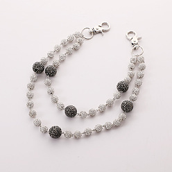 Серый Двухслойные цепочки для брюк из полимерной глины с круглыми бусинами и стразами, с поворотными застежками сплава, платина, серые, 300 мм