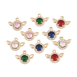 Mixed Color Brass Pave Cubic Zirconia Charms, Flat Round with Angel Wings Charms, Long-Lasting Plated, Golden, Mixed Color, 10.5x14.5x3.5mm, Hole: 1.2mm