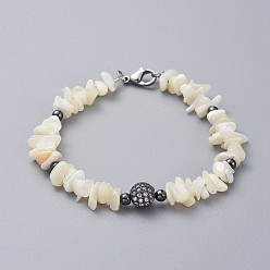 Gunmetal Natural Spiral Shell Chip Beaded Bracelets, with Brass Micro Pave Cubic Zirconia Beads, Brass Round Beads, 304 Stainless Steel Clasps Lobster Claw and Cardboard Packing Box, Gunmetal, 7-5/8 inch~7-7/8 inch(19.5~20cm)