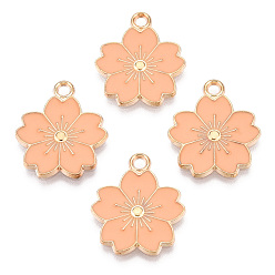 Темный Лосось Подвески из эмали и сплава, цветок сакуры, золотой свет, темный лосось, 20.5x17.5x1.5 мм, отверстие : 2 мм