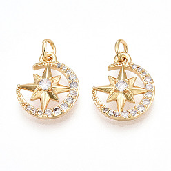 Настоящее золото 18K Латунные микро проложить кубического циркония подвески, без кадмия и без свинца, звезда с лунными чарами, с целью перехода в кольце, реальный 18 k позолоченный, 16x13.5x4.5 мм, отверстие : 3.5 мм