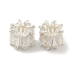 Серебро Покрытие стойки латунь микро паве розовый кубический цирконий европейские бусины, долговечный, без свинца и без кадмия, колонка, серебряные, 7x5 мм, отверстие : 2.3 мм