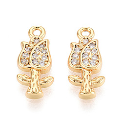 Настоящее золото 18K Латунные микропаве прозрачные подвески с фианитом, цветок, без никеля , реальный 18 k позолоченный, 15x7x2 мм, отверстие : 1.2 мм