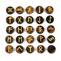 Тигровый глаз Латунь старший футарк алфавит гравированный символ плоский круглый натуральный тигровый глаз рунические камни, для балансировки чакр, кристаллотерапия, медитация, гадание, 16.5~17.5x6~7 мм, 25 шт / комплект