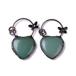 Green Aventurine Natural Green Aventurine Heart Big Pendants, Red Copper Plated Brass Ring & Butterfly Charms, 56.5x35x7.5mm, Hole: 6mm