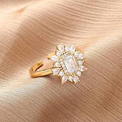 Настоящее золото 18K Латунные кольца-манжеты с микропаве и прозрачным цирконием для женщин, Прямоугольник с цветком, без кадмия и без свинца, долговечный, стойки покрытие, реальный 18 k позолоченный, размер США 7 1/4 (17.5 мм)