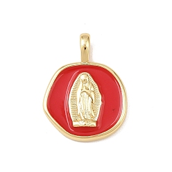 Красный Латунь эмаль подвески, плоские круглые с Девой Марией, без кадмия и без свинца, стойки покрытие, долговечный, реальный 18 k позолоченный, красные, 18x14x4 мм, отверстие : 4x2 мм