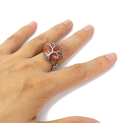Goldstone Metal Wire Wrapped Synthetic Goldstone Open Cuff Rings, Flat Round with Tree of Life Ring for Men , Adjustable 