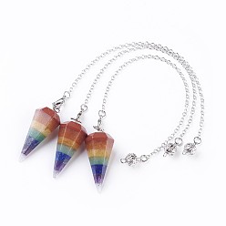 Смешанные камни Шестиугольная заостренная цепь биолокационных маятников из натуральных смешанных драгоценных камней, с латунной фурнитурой платинового цвета, граненые, конус, 225~228x2.5 мм