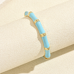 Sky Blue Vintage Zinc Alloy Enamel Bamboo Hinged Cuff Bangles for Women, Golden, Sky Blue, Inner Diameter: 2.36 inch(6cm)~2.76 inch(7cm)