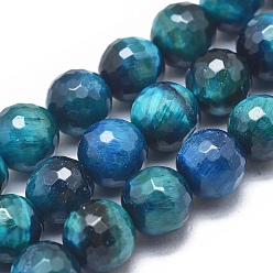 Deep Sky Blue Natural Tiger Eye Beads Strands, Faceted, Round, Dyed & Heated, Deep Sky Blue, 8mm, Hole: 1mm, about 48pcs/Strand, 14.9 inch~15.3  inch(38~39cm)