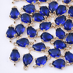 Средно-синий Прозрачные стеклянные соединители звеньев, для изготовления ювелирных изделий, с латунной фурнитурой , граненые, слеза, золотой свет, светло-синий, 13x7x3.5 мм, отверстие : 1.2 мм