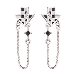 Platinum Enamel Arrow with Rhinestone Tassel Dangle Stud Earrings, Brass Drop Earrings for Women, Platinum, 31.5x10.5mm, Pin: 0.8mm