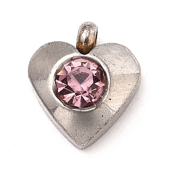 Розовый 304 прелести нержавеющей стали, с акриловыми стразами, граненые, очарование камня, сердце, цвет нержавеющей стали, светло-розовый, 8.2x7.2x3.2 мм, отверстие : 1 мм