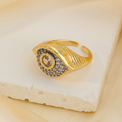 Золотой Открытые кольца манжеты из латуни с микропаве и кубическим цирконием, глаз, золотые, 21x15 мм, внутренний диаметр: 17 мм