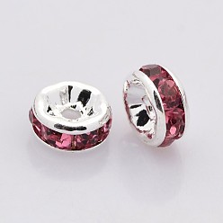 Rose Brass Rhinestone Spacer Beads, Grade AAA, Straight Flange, Nickel Free, Silver Color Plated, Rondelle, Rose, 4x2mm, Hole: 0.8mm