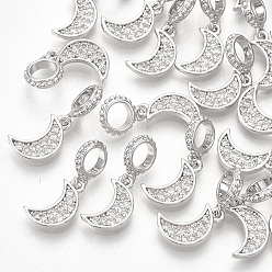 Платинированный Латунное микропейв с кубическим цирконием европейские подвески с подвесками, Подвески с большими отверстиями, без кадмия, без никеля и без свинца, луна, прозрачные, Реальная платина, 18 мм, отверстие : 4 мм, Луна: 11x6.5x1.5 мм