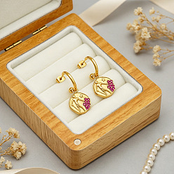 Oro 304 Pendientes colgantes de acero inoxidable con micro circonitas cúbicas engastadas, plano y redondo con humanos, pendientes de medio aro, dorado, 29x15 mm