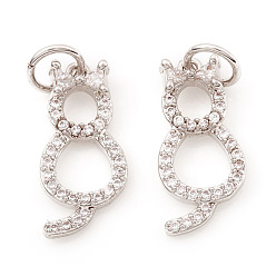 Real Platinum Plated Brass Micro Pave Cubic Zirconia Charms, Cat Shape, Clear, Real Platinum Plated, 15x7x2mm, Hole: 3.5mm