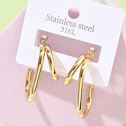 Настоящее золото 18K 304 двухслойные серьги-гвоздики в форме буквы С из нержавеющей стали, ионное покрытие (ip), реальный 18 k позолоченный, 31.5x18 мм