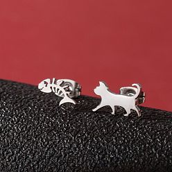 Нержавеющая Сталь Цвет Женские серьги-гвоздики из нержавеющей стали, слева и справа, кошка, цвет нержавеющей стали, 6~12x5~11 мм