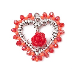 Малиновый Стеклянные подвески, Сердце с розой, с фурнитурой из сплава, смоляными и стеклянными бусинами, малиновый, 30x32x8 мм, отверстие : 3 мм