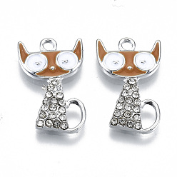 Перу Экологически чистые подвески из цинкового сплава, эмалью и кристалл горного хрусталя, без кадмия, без никеля и без свинца, кошка, платина, Перу, 21~22x13x2.5 мм, отверстие : 1.8 мм