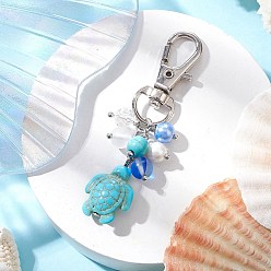 Бирюза Подвески из искусственной бирюзы в виде морской черепахи, со стеклянными бусинами и поворотными застежками-карабами из сплава, бирюзовые, 62 мм