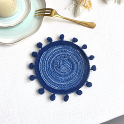 Dark Blue Cotton Macrame Cup Mats, Handmade Braided Coaster, Round, Dark Blue, 130mm