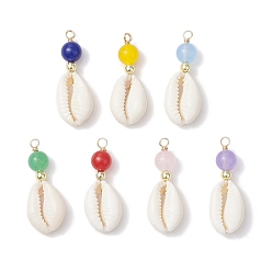 Золотой Круглые подвески из натуральной ракушки каури и натурально окрашенного малайзийского нефрита, Подвески в форме ракушки с петлями из медной проволоки, разноцветные, золотые, 36.5x14.5x8.5 мм, отверстие : 2.5 мм