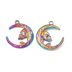 Rainbow Color Ion Plating(IP) 304 Stainless Steel Pendants, Moon with Skull Charm, Rainbow Color, 28x24.5x2.5mm, Hole: 3mm
