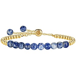 Blue Spot Jasper Natural Blue Spot Jasper 304 Stainless Steel Round Beaded Adjustable Slider Bracelets for Men Women, Real 18K Gold Plated, 6.30 inch(16cm)