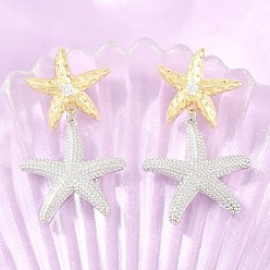 Platinum & Golden Brass Micro Pave Cubic Zirconia Dangle Stud Earrings, Starfish, Lead Free & Cadmium Free, Long-Lasting Plated, Rack Plating, Platinum & Golden, 51x31mm