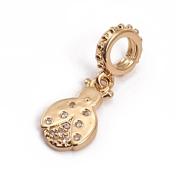Золотой Латунные европейские подвески с подвесками, с четким кубического циркония, Подвески с большими отверстиями, божья коровка / божья коровка, золотые, 20.5 мм, отверстие : 4.5 мм, божья коровка: 12.5x7.5x0.5 мм