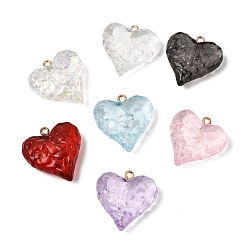 Mixed Color Transparent Resin Pendants, Textured Heart Charm, with Golden Iron Loops, Mixed Color, 26.5x25.5x9.5mm, Hole: 2mm