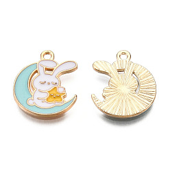 Turquesa Colgantes de la aleación del esmalte, sin cadmio y níque y plomo, la luz de oro, luna con conejo, turquesa, 18x15x1.5 mm, agujero: 1.4 mm