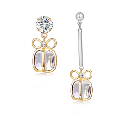 Clear Eco-Friendly Brass Micro Pave Cubic Zirconia Dangle Stud Earrings, Asymmetrical Earrings, Cadmium Free & Lead Free & Nickel Free, Gift, Platinum & Golden, Clear, 40x10mm, 20x10mm