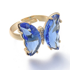 Cornflower Blue Adjustable Brass Glass Finger Rings, with Clear Cubic Zirconia, Butterfly, Golden, Cornflower Blue, Size 7, Inner Diameter: 17mm