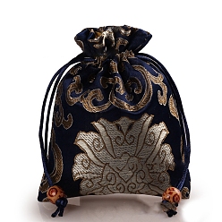 Midnight Blue Rectangle Cloth Flower Printed Drawstring Gift Bags, Storage Bags, Midnight Blue, 14x11cm
