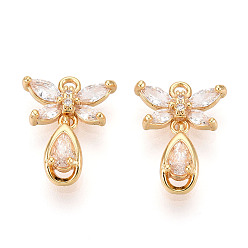 Настоящее золото 18K Латунные микропаве прозрачные подвески с фианитом, без никеля , бабочка, реальный 18 k позолоченный, 21.4x14.4x4.1 мм, отверстие : 1.5 мм