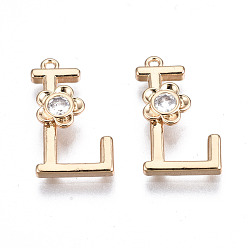 Letter L Латунные подвески, со стразами, без кадмия, без никеля и без свинца, алфавит, золотые, letter.l, 18x10.5x2.5 мм, отверстие : 1 мм